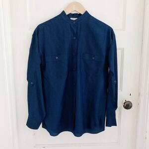 Vintage Ann Tjian for Kenar Navy Blue Silk Long Sleeve Button Down Blouse